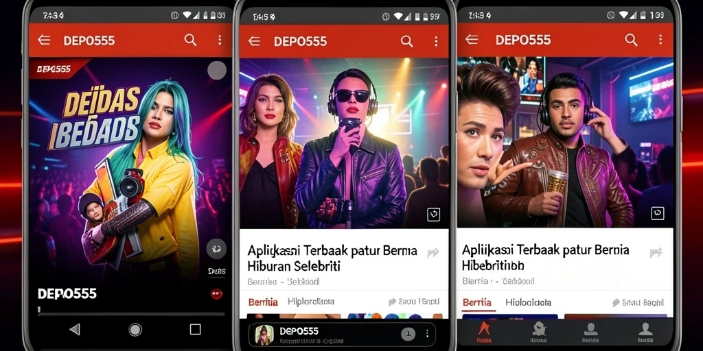 Antarmuka aplikasi DEPO555 menampilkan berita hiburan selebriti terbaru.