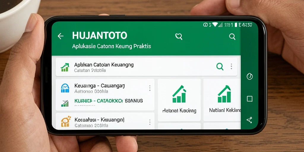 Tampilan antarmuka aplikasi HUJANTOTO menunjukkan fitur Catatan Keuangan yang sederhana.